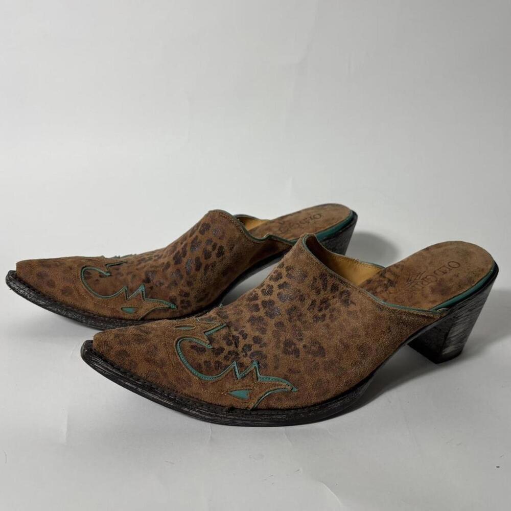 Old Gringo Brown Leopard Suede Western Mules with Teal Stitching